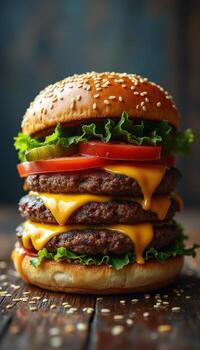 A large cheeseburger with cheese and tomatoes photo