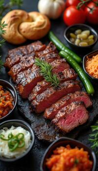 A la parrilla filete con vegetales y un pan en un negro antecedentes foto