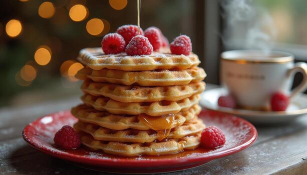 A stack of waffles with raspberries on top photo