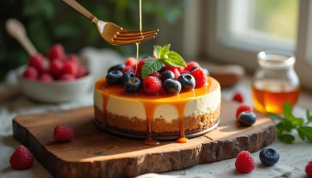 A cake with berries and honey drizzled on top photo