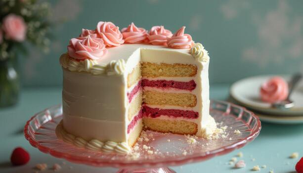 A slice of cake with pink frosting on a glass cake stand photo