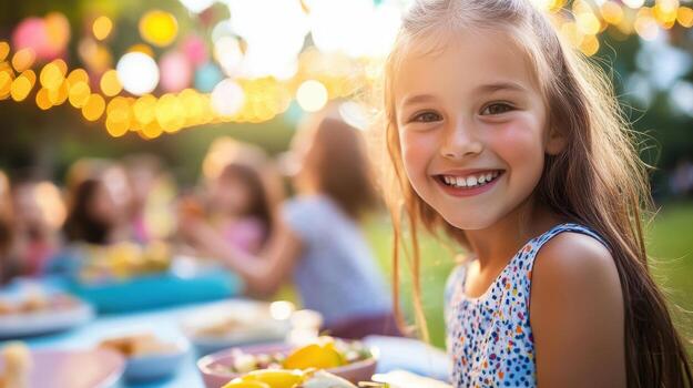 un pequeño niña sonrisas a el cámara mientras sentado a un mesa con comida foto