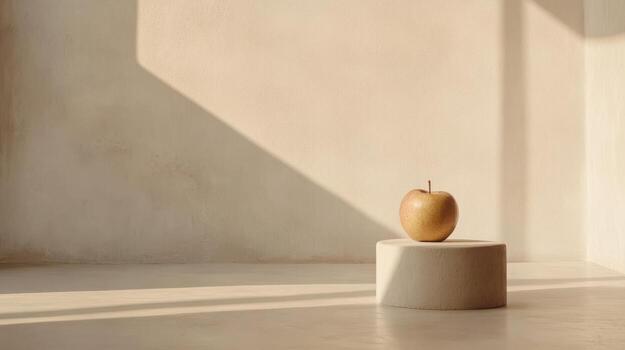 A yellow apple sits on a pedestal in front of a wall photo