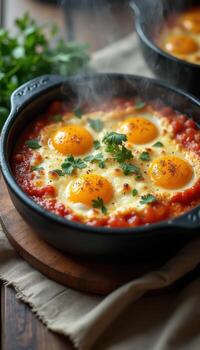 Eggs in tomato sauce in a skillet photo