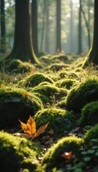 A forest with moss and leaves photo