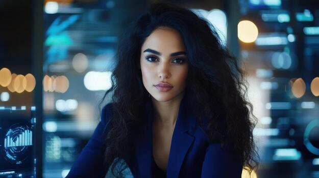 A woman in a suit is looking at a computer screen photo