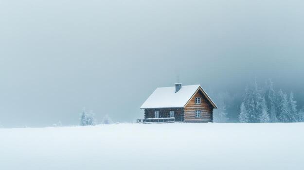 A small wooden house sits in the middle of a snowy field photo