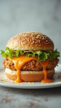 un hamburguesa con queso y lechuga en un blanco plato foto
