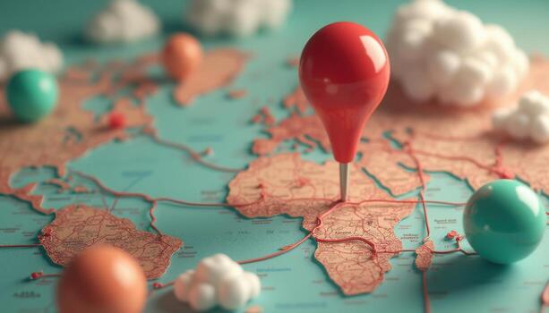 A red pin is stuck in the middle of a map with many balloons photo