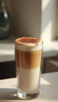 A glass of cappuccino sitting on a table photo