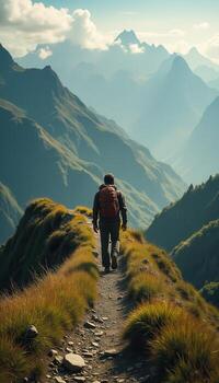 A man walking up a mountain trail photo