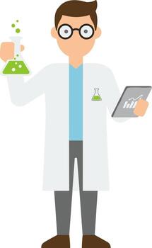 Flat Illustration Scientist Character Holding Beaker and Tablet in Laboratory vector