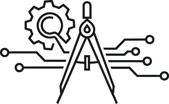 Technical drawing compass icon, minimalist illustration with digital circuit connections, engineering design vector
