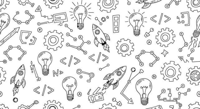 Sketch of light bulbs, rocket ships, and gears on white background, handdrawn style pattern vector