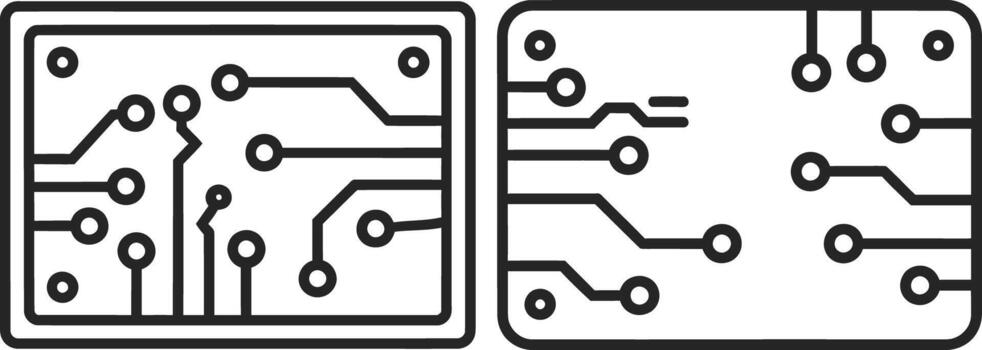 Black minimalist circuit board icons, connected electronic component schematic, two variations vector