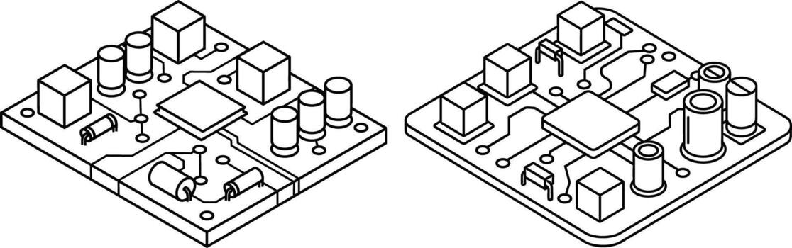 Outline isometric circuit board with chip, resistors and capacitors for engineering designs vector