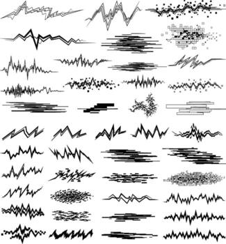 Distorted line patterns collection, abstract shapes, sound waves, geometric decoration elements isolated illustration vector