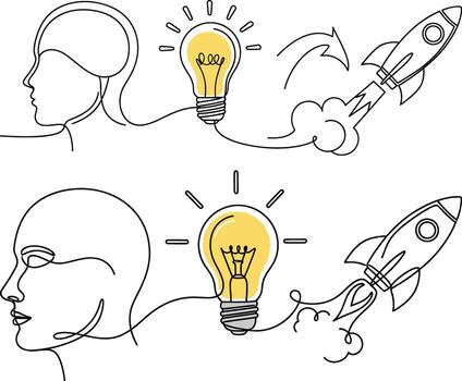 Continuous line drawing of idea leading to rocket launch, simple design vector