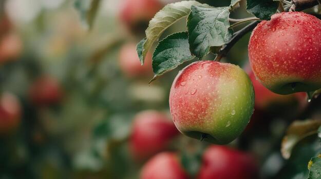 Apples on a tree with water droplets on them photo