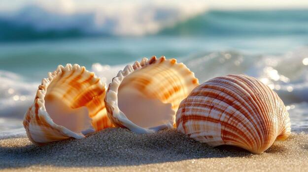 Three shells on the beach with waves in the background photo