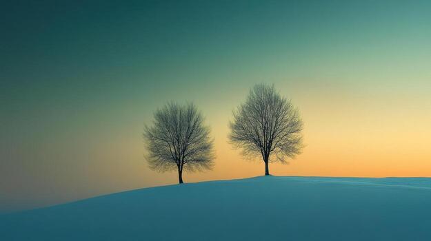 Two trees stand on a snowy hill at sunset photo