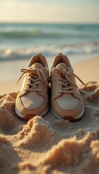 A pair of sneakers on the beach photo
