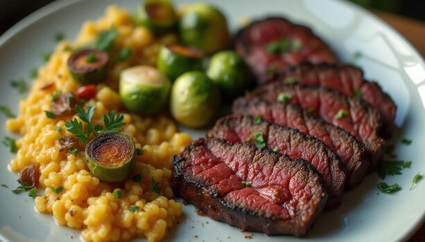 A plate of steak and brussels sprouts on a table photo