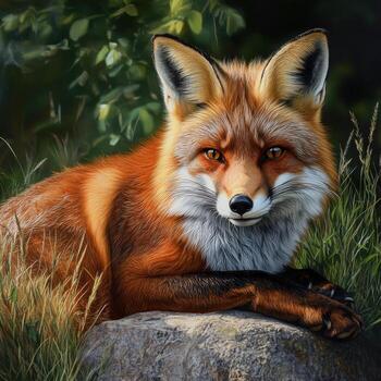 A painting of a red fox sitting on a rock photo