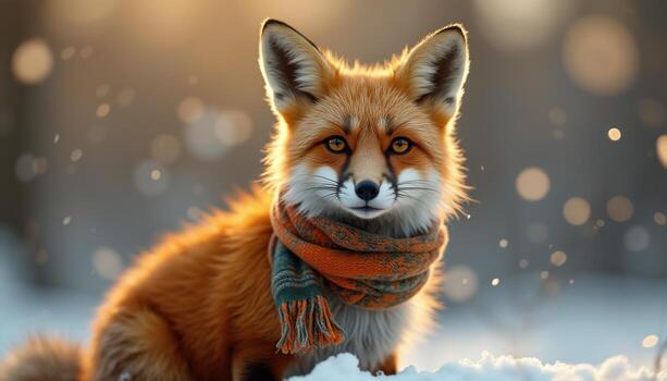 A fox in a scarf sitting in the snow photo