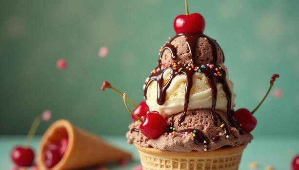 Ice cream with cherries and chocolate on top photo