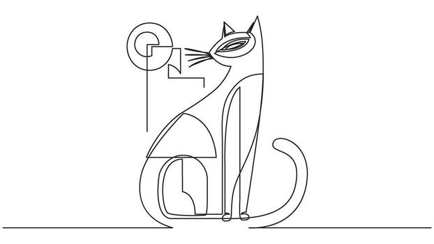 Elegant continuous line drawing of a stylized cat and abstract geometric shapes vector