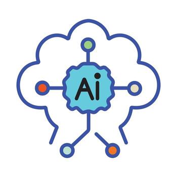 Artificial Intelligence concept icon showing a digital brain in a cloud network. Smart technology and data processing graphic. vector