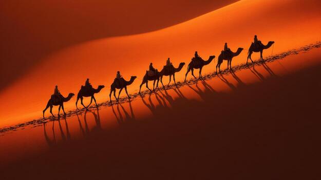 A Desert Voyage With A Caravan Moving Rhythmically At Sunset photo