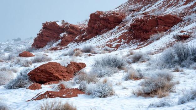 Red Desert Rocks Dusted With Snow Creating A Fire And Ice Effect photo