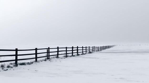 A Snowy and Foggy Field Divided by a Fence Line photo