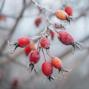 Frosted Red Rose Hips Resembling Crimson Gems photo
