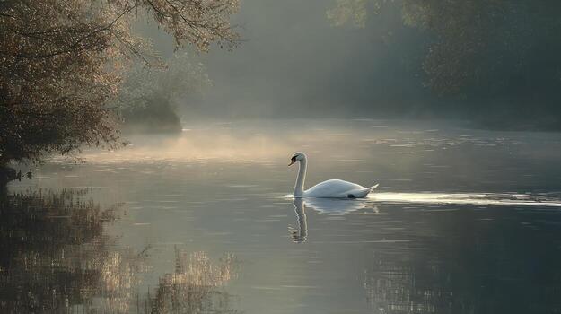 A Swan showing Graceful Serenity on a Misty River photo