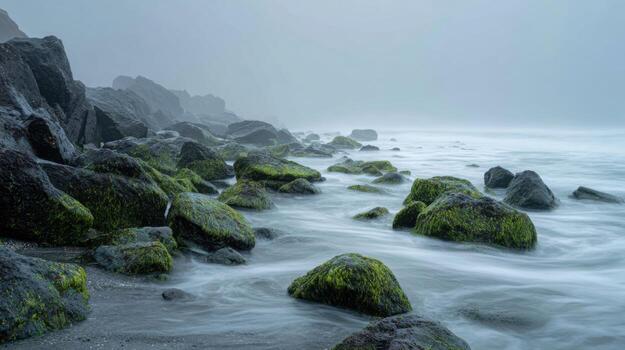 un etéreo niebla a lo largo un temperamental noviembre línea costera foto