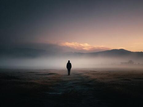 A Solitary Path Across A Foggy Field At Daybreak photo