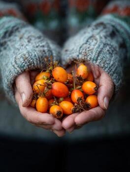 Freshly Gathered Rose Hips Held in a Womans Hands photo