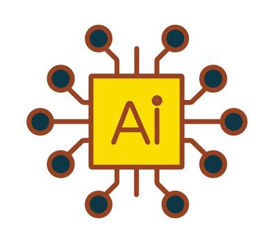 Technology symbol for AI, machine learning, and neural networks with a central chip. vector