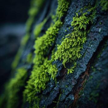Rain Kissed Tree Bark is Embraced by Green Moss photo