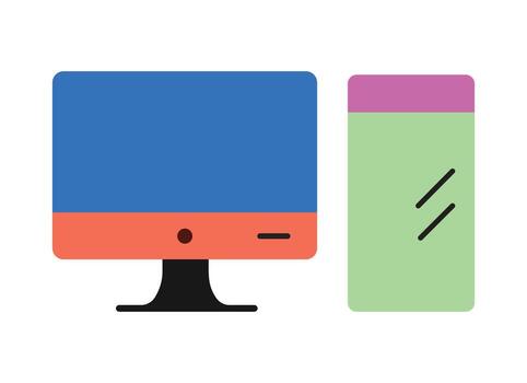 Colorful personal computer setup illustration. Simple graphic of a PC workstation with a display screen and system unit for business, web design, or home office themes. vector