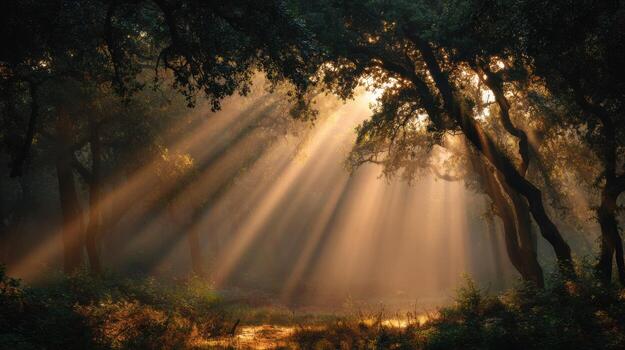 Sunbeams Create a Cathedral of Light in the Oaks photo