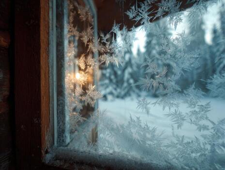 un acogedor cabina ventana demostración patrones de escarcha flores foto