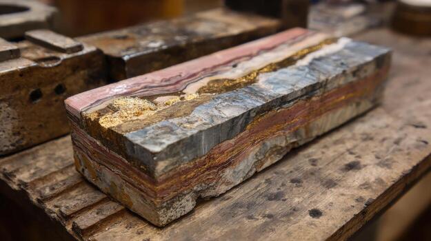 A Cylindrical Rock Sample Showing Strata and an Ore Deposit photo