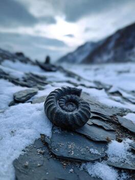 un amonita fósil desenterrado en un Nevado invierno ambiente foto