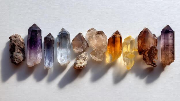 diferente tipos de cuarzo cristales en un arco iris degradado diseño foto
