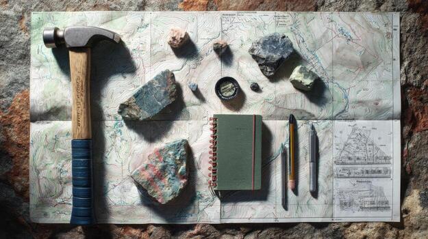 The Field Tools of a Geologist Arranged on a Topographical Map photo