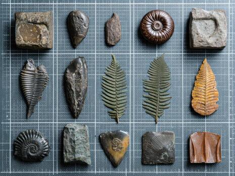 Various Prehistoric Fossils Displayed in a Top Down View photo